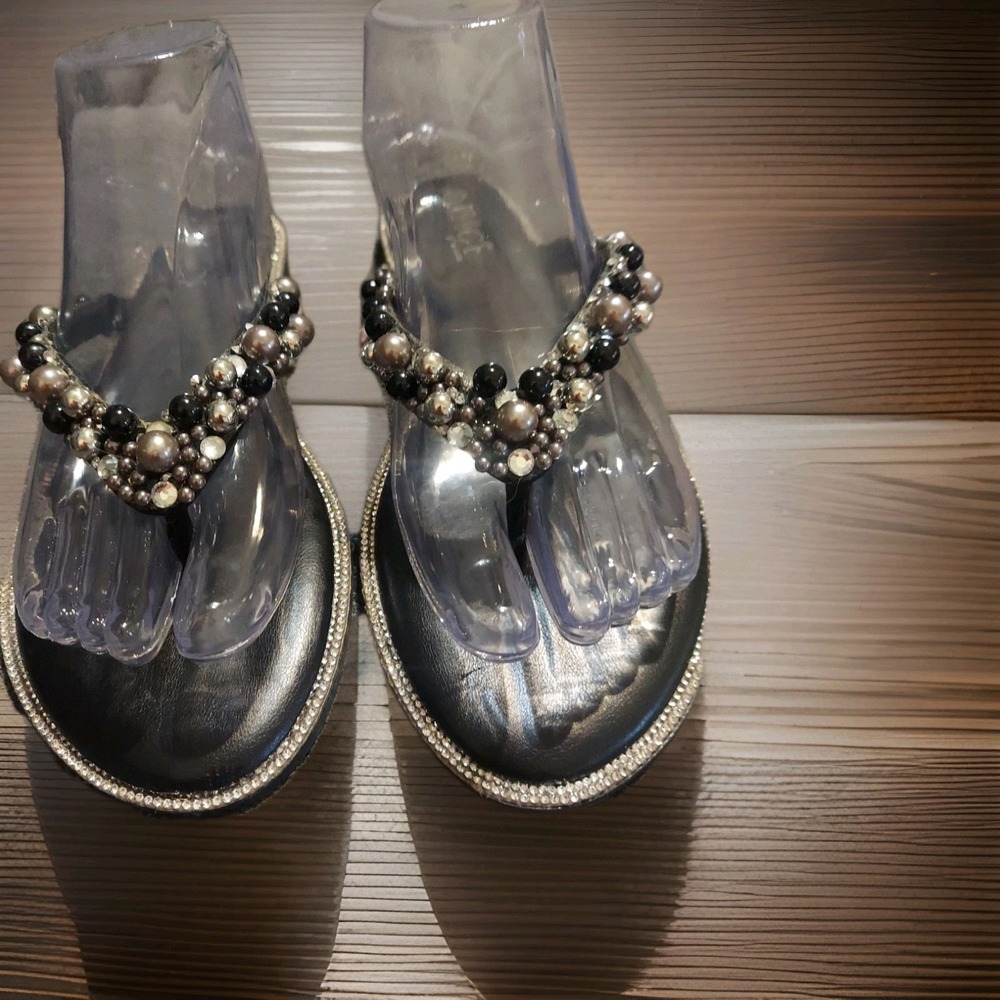 Rouge Helium Black Beaded Rhinestone Thong Sandals Size 10 Boho Bedazzled Y2k